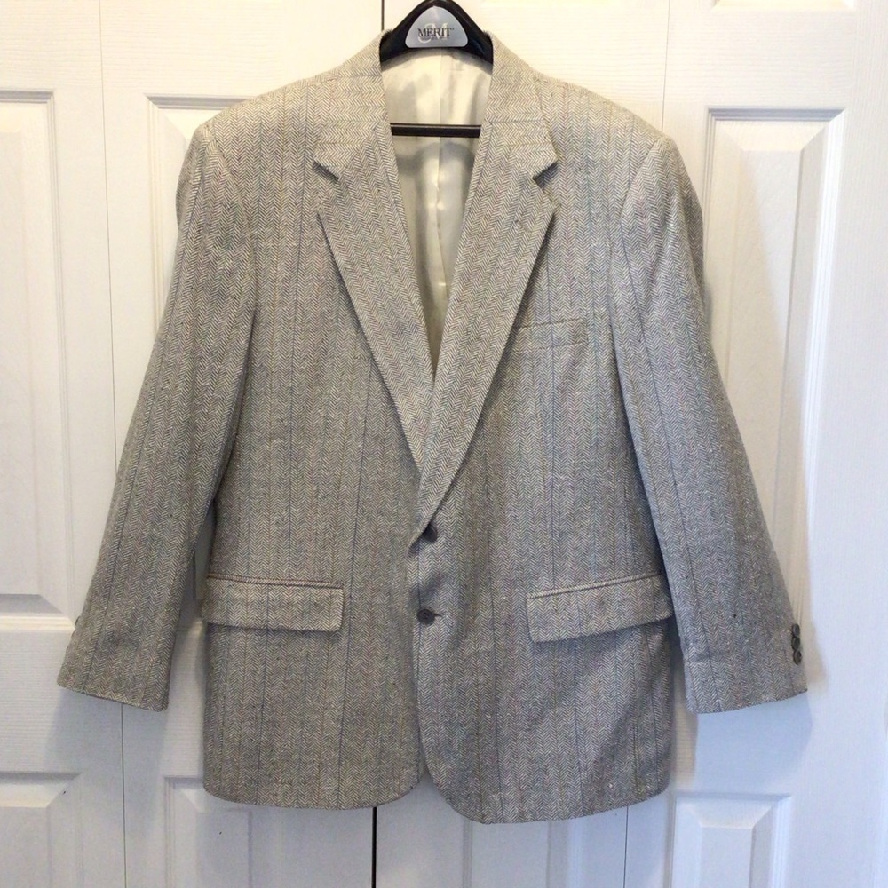 Merit Mens Gray Herringbone Stripe Matka Silk Blazer Suit Sport Jacket Size 44R